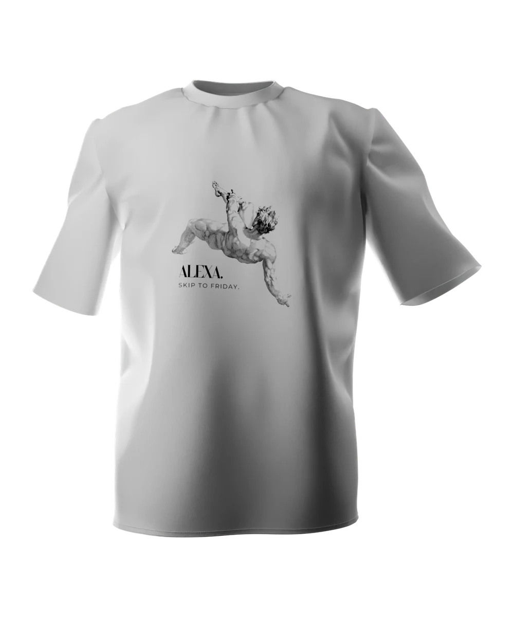 White t-shirt seen from the front, printed across the chest with an engraving of a muscular figure falling backwards through the air, above the words Alexa, skip to Friday.