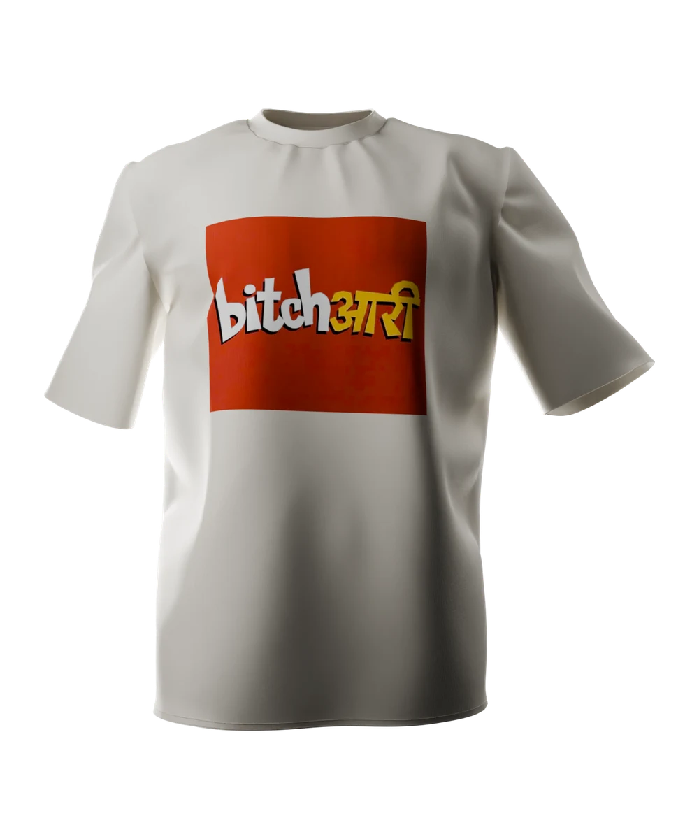 Bone t-shirt seen from the front, printed across the chest with the word bitchaari, half in Latin and half in Devanagari script, in white and yellow on deep red.