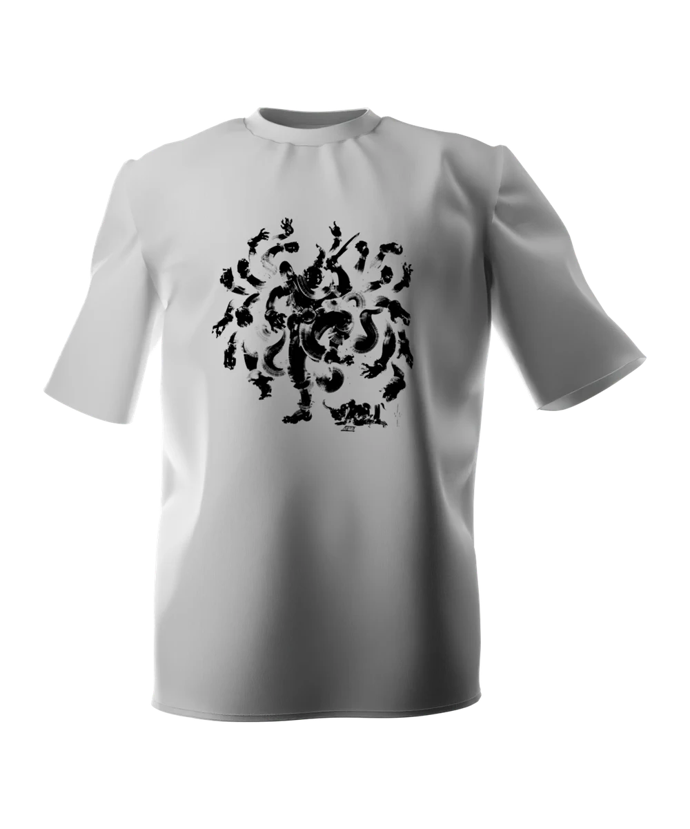 White t-shirt seen from the front, printed across the chest with a many-armed figure built out of sweeping black brushstrokes, holding a sword, with a defeated shape at its feet.