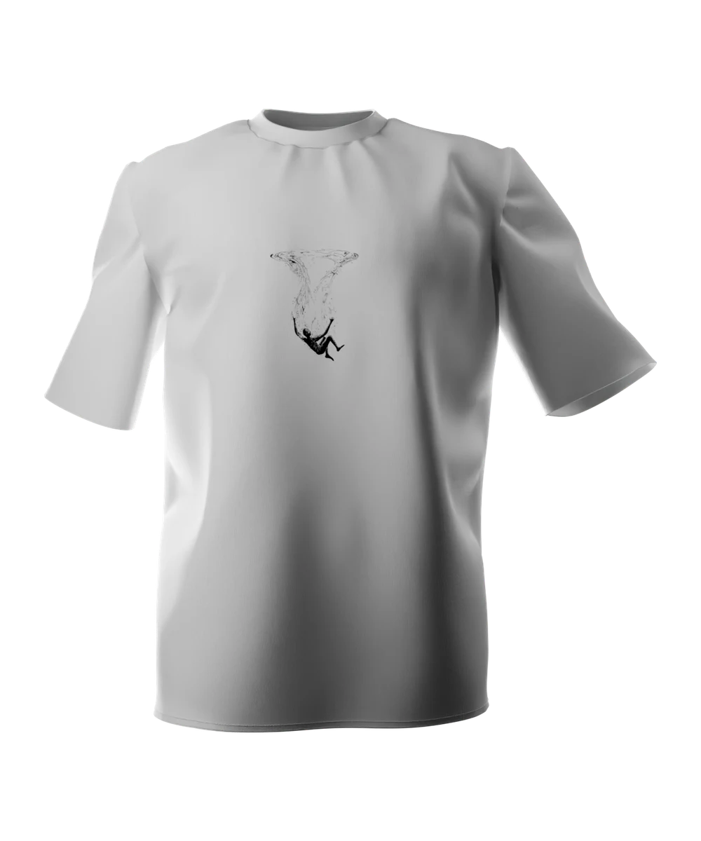 White t-shirt seen from the front, printed across the chest with a fine pen drawing of an upturned pool of water, its surface rippling above, and a figure falling out of the underside of it.
