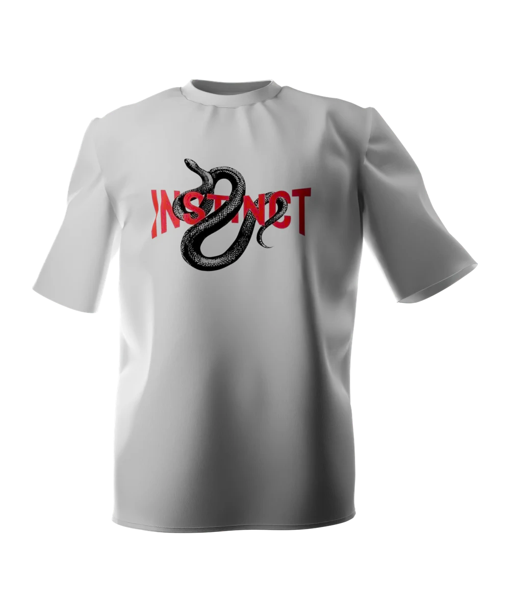 White t-shirt seen from the front, printed across the chest with the word INSTINCT in red capitals, a black engraved snake coiling in front of and behind the letters.