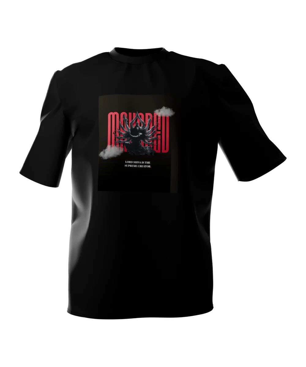 Black t-shirt seen from the front, printed across the chest with a dark silhouette of the many-armed god Shiva seated in smoke, over the word Mahadev in red.