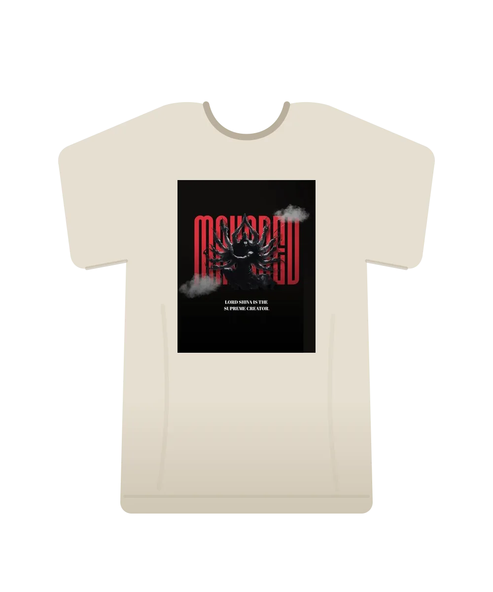 Oversized bone t-shirt printed with a dark silhouette of the many-armed god Shiva seated in smoke, over the word Mahadev in red.