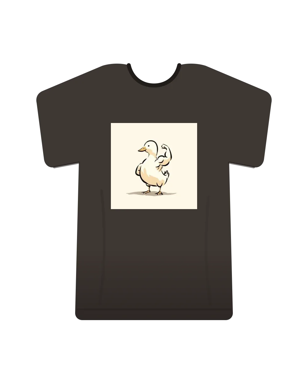 Oversized charcoal t-shirt printed with a simple ink drawing of a white duck flexing one muscular arm.