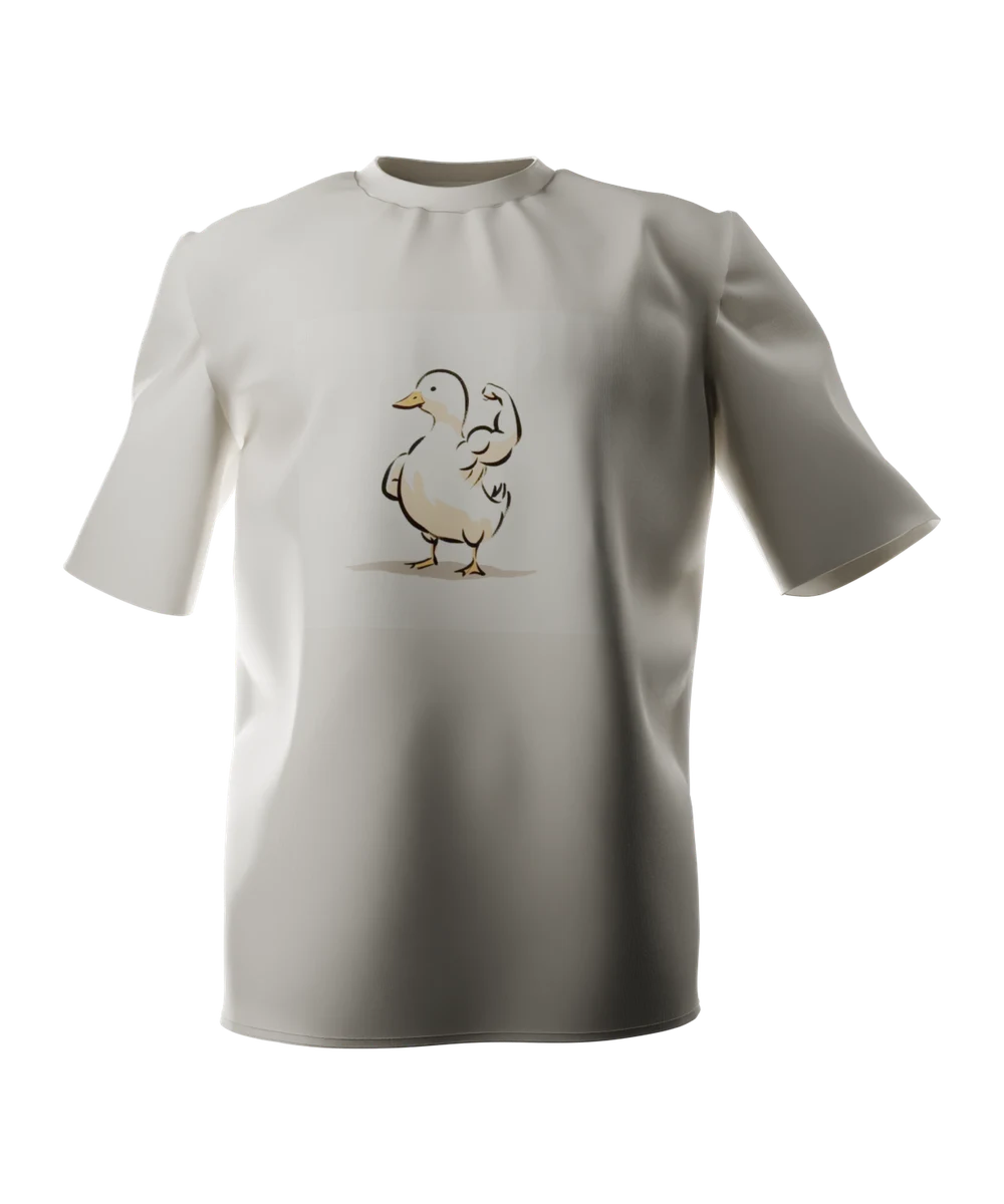 Bone t-shirt seen from the front, printed across the chest with a loose ink drawing of a duck flexing one muscular arm.