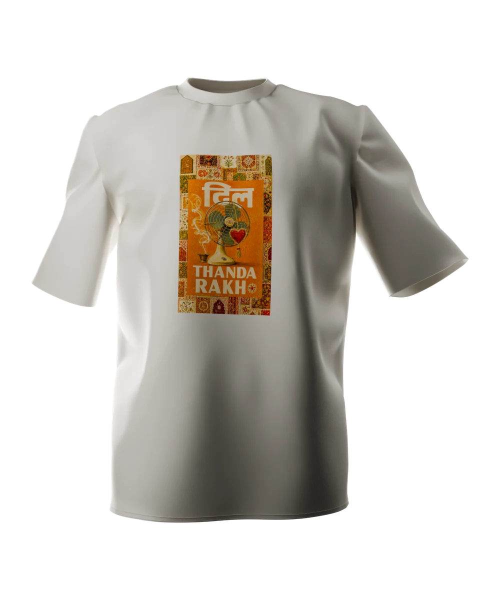 Bone t-shirt seen from the front, printed across the chest with a vintage green table fan, a red hanging heart, and the words Thanda Rakh in cream on orange.